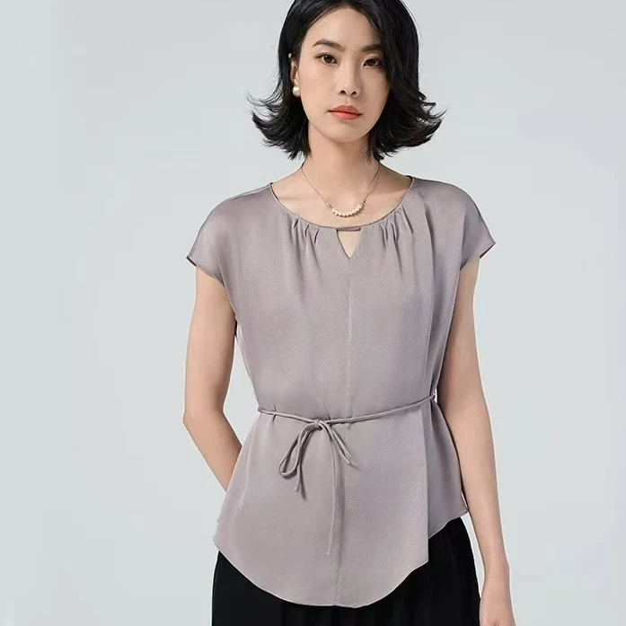 THERYY桑蚕丝短袖上衣领休闲百搭气质收腰显瘦   1256  紫色