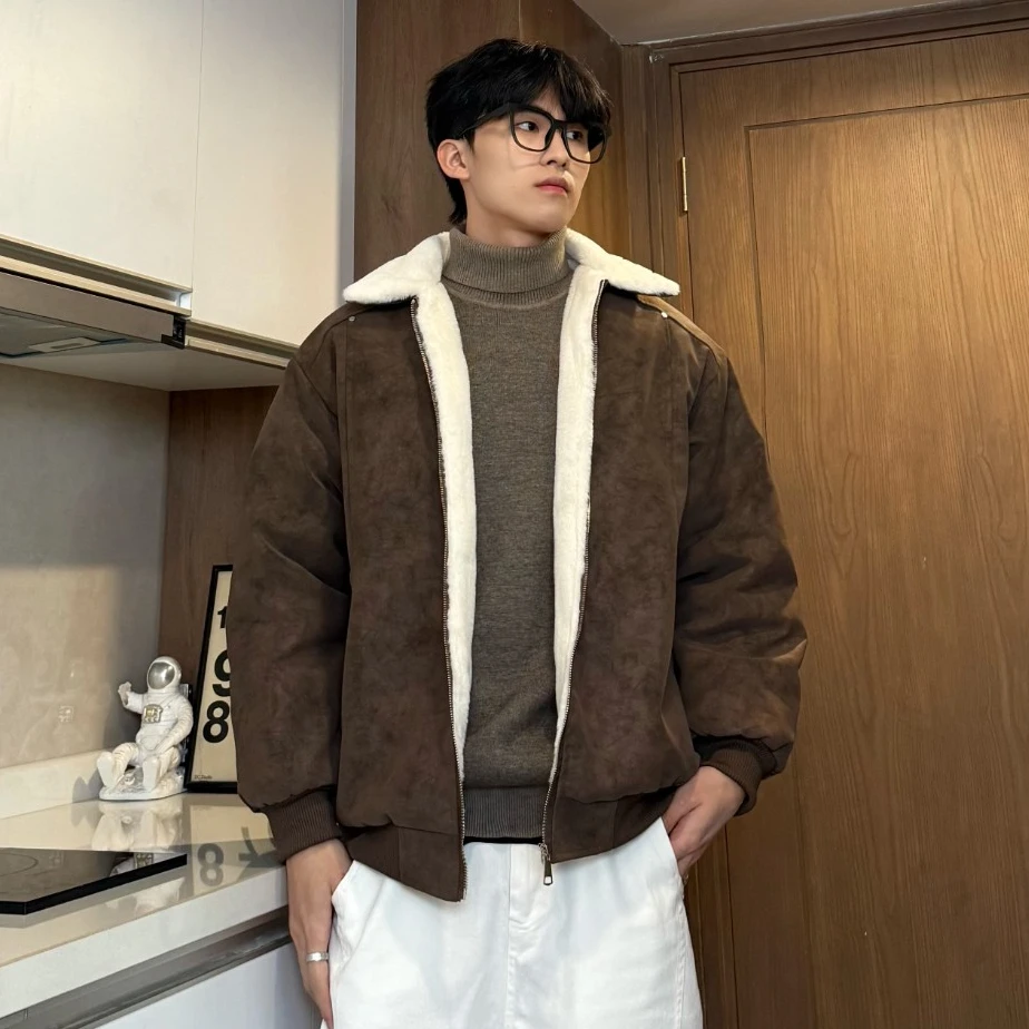 ins美拉德毛领雾面PU皮棉服加绒加厚百搭宽松夹克休闲夹棉外套男