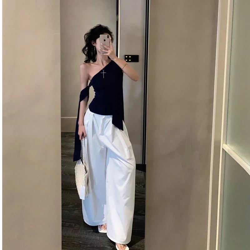 2025夏季新款时尚打底斜肩上衣气质显瘦洋气休闲百搭性感辣妹外穿