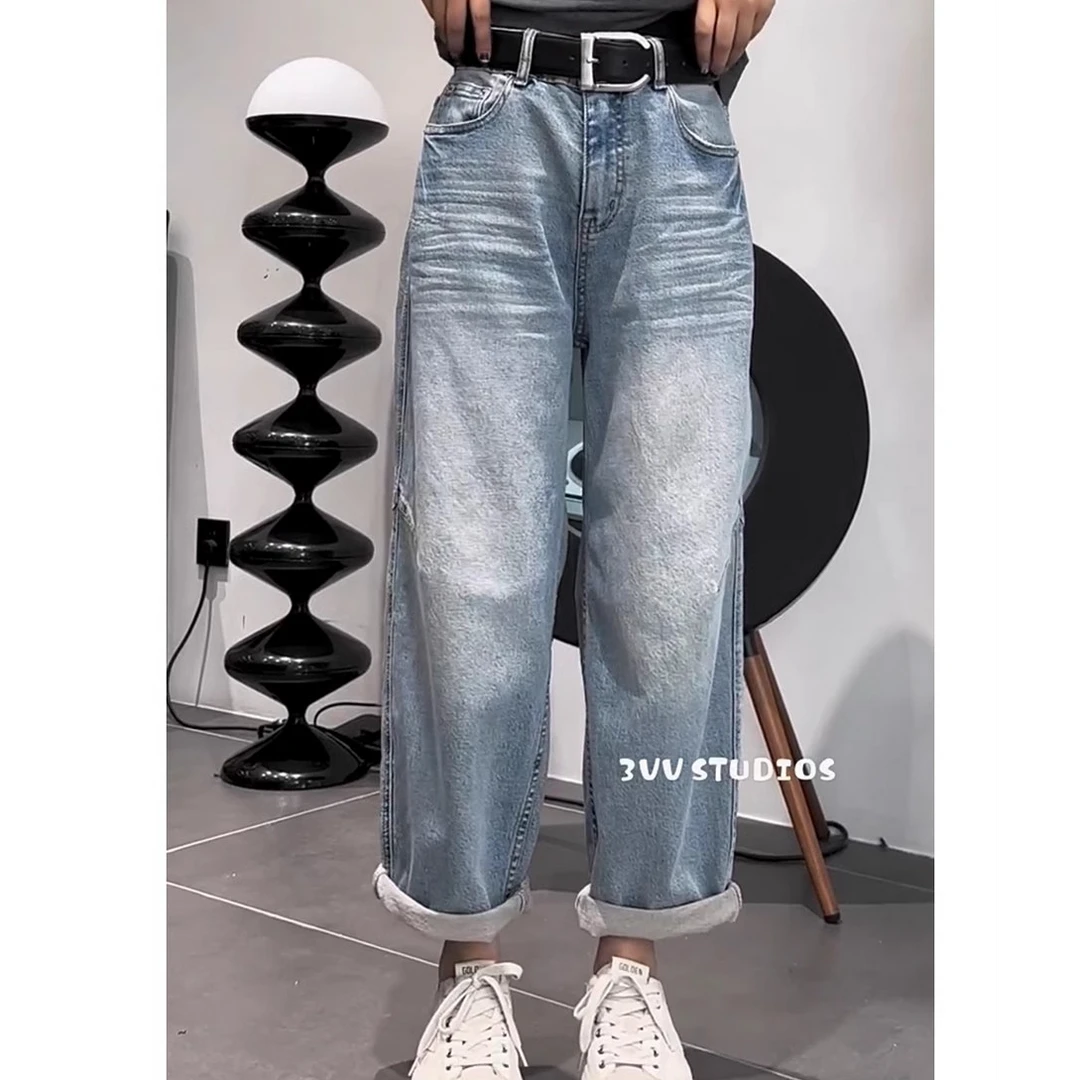 2025年春季新款大码哈伦牛仔裤女梨形身材胖mm高腰显瘦弹力阔腿裤