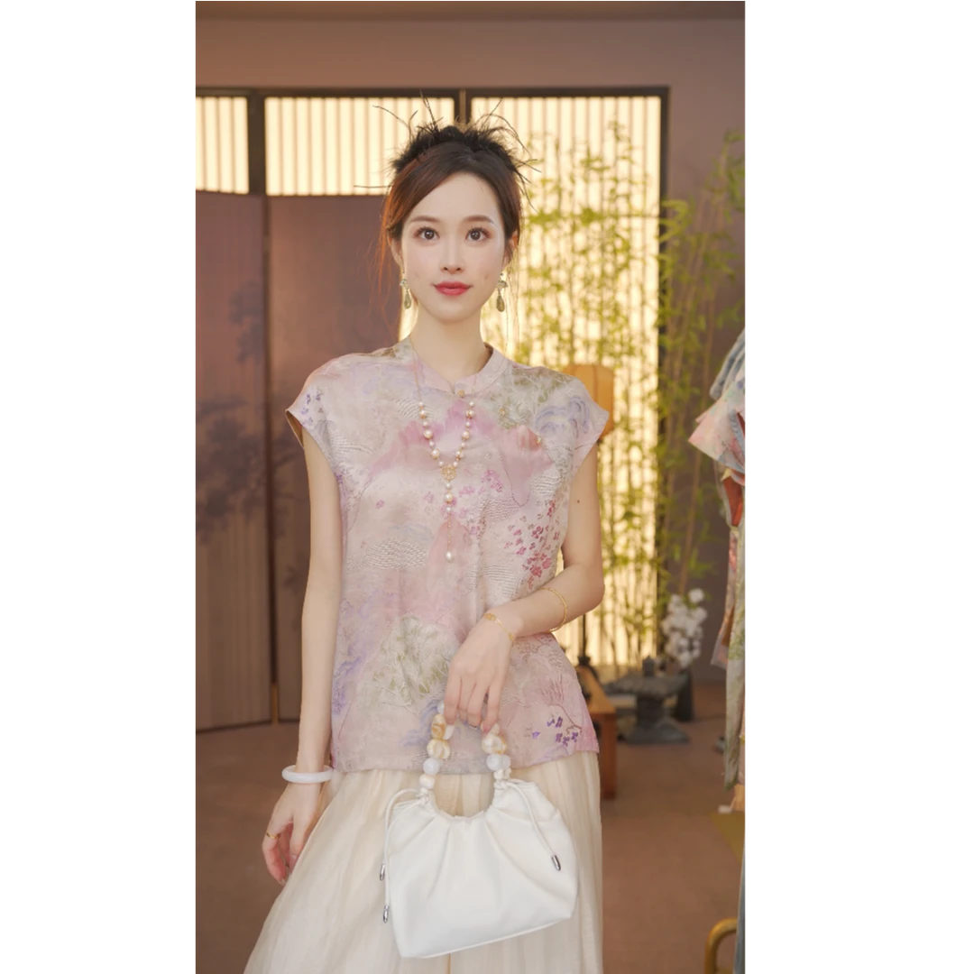 CJ【波浪】新中式2025夏季气质百搭提花立领短袖上衣女FB2507274