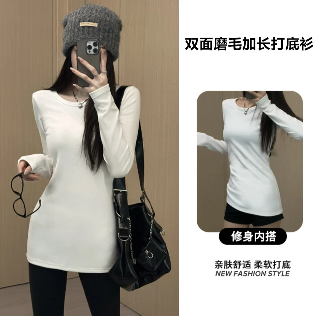 正肩长袖打底T恤女秋冬显瘦辣妹圆领内搭修身收腰高级感长款上衣