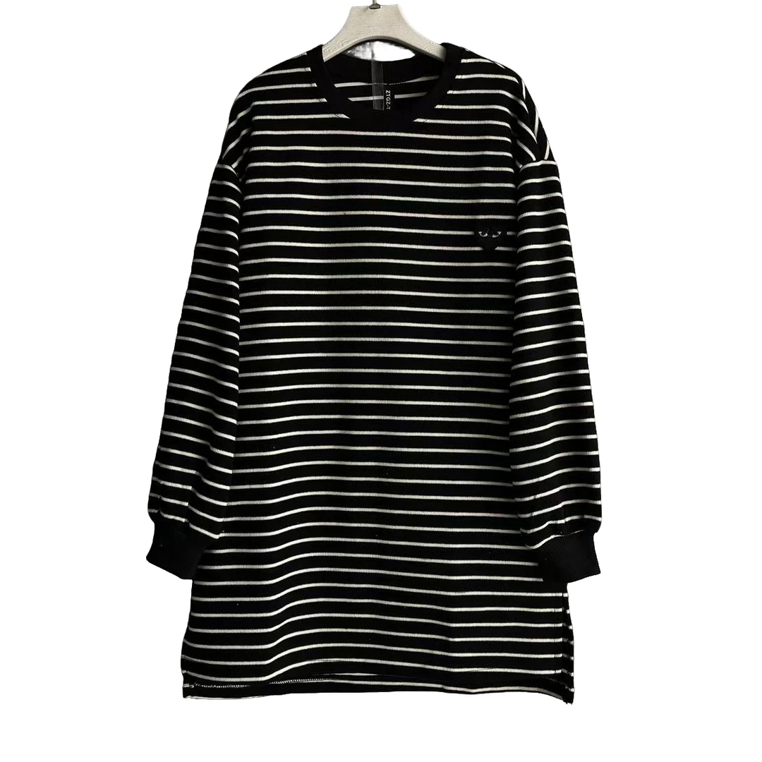 条纹中长款极简透气防晒大版T恤秋冬秋季长袖时尚宽松休闲春秋