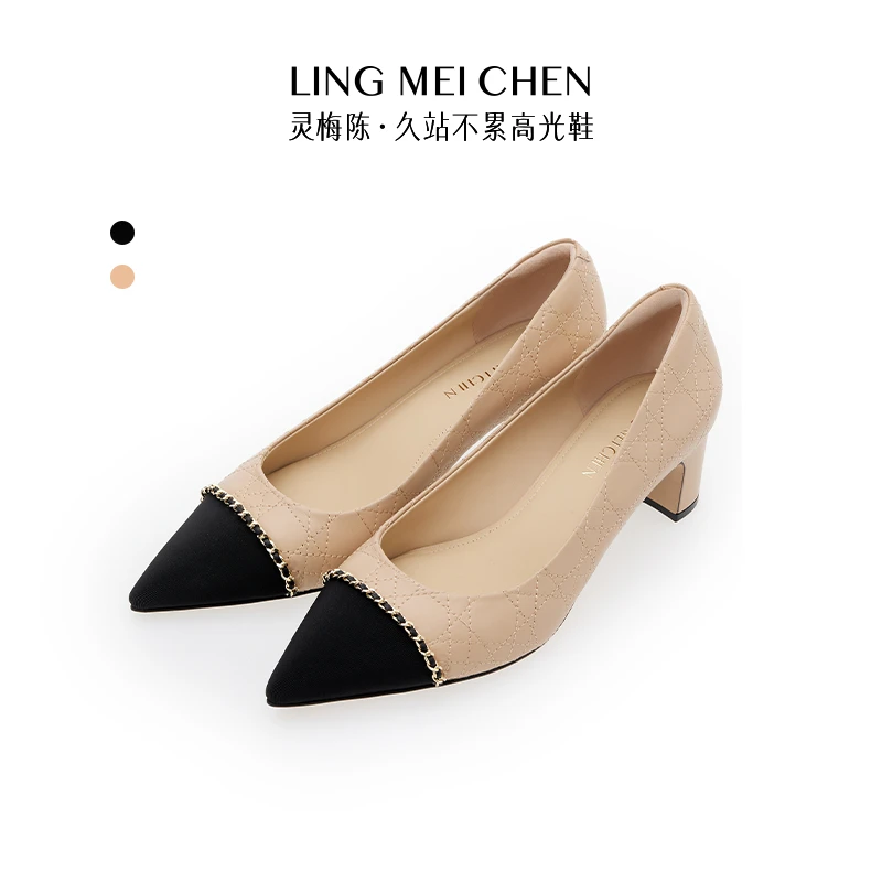 苏西【绗缝小香】羊皮复古法式舒适百搭粗跟尖头职业灵梅陈高跟鞋