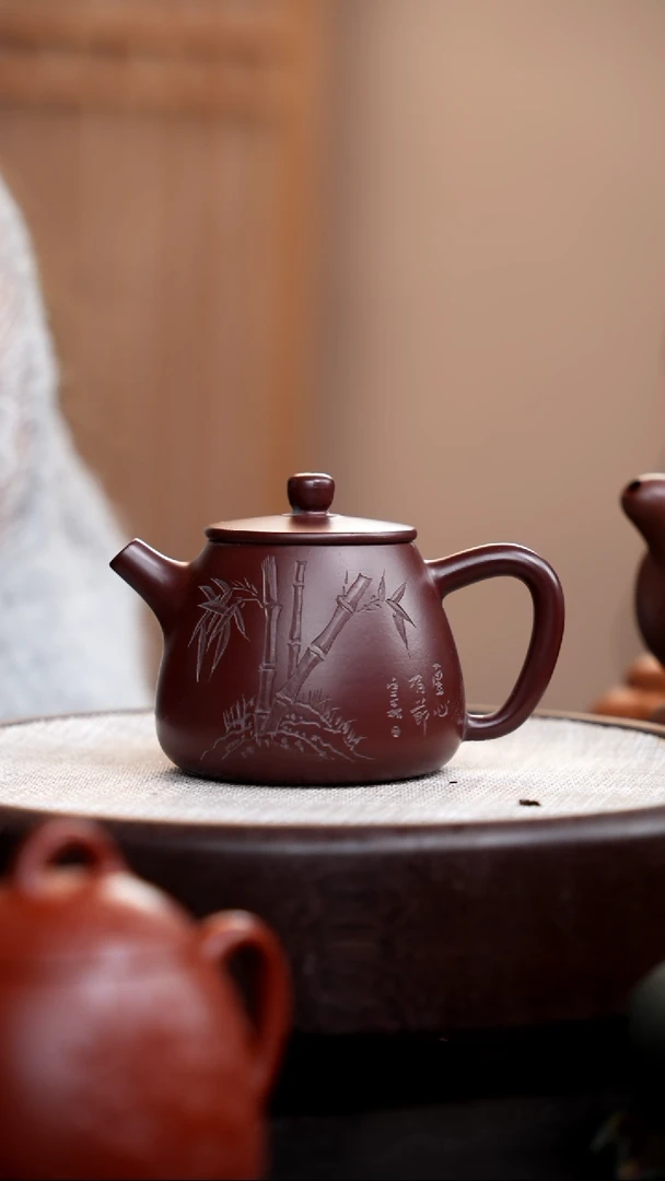 【闪购商品】紫砂茶壶紫泥高石瓢刻竹