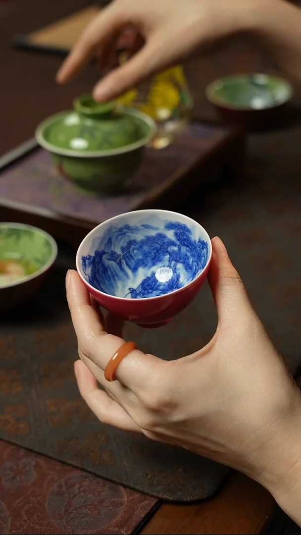 【见珊】专属良朋专属外胭脂红山水小鸡心杯