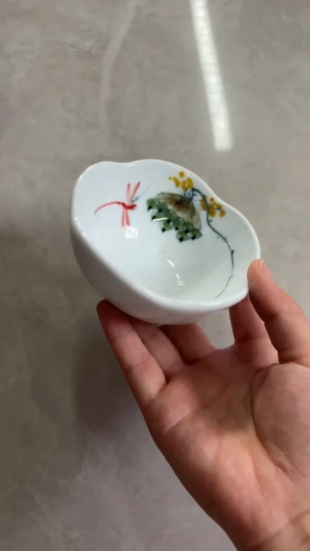 瓷片景德镇高温釉中彩-三足蘸料碟蜻蜓