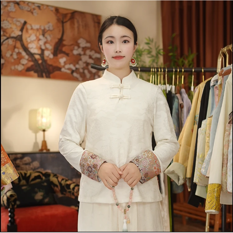 【山水画-打底】新中式复古国风盘扣提花逢加绒打底衫