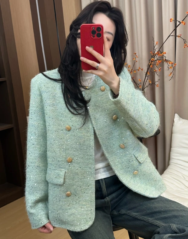 ( 绿色心情 )2025冬季款亮片双排扣气质时尚小香风羽绒服外套上衣