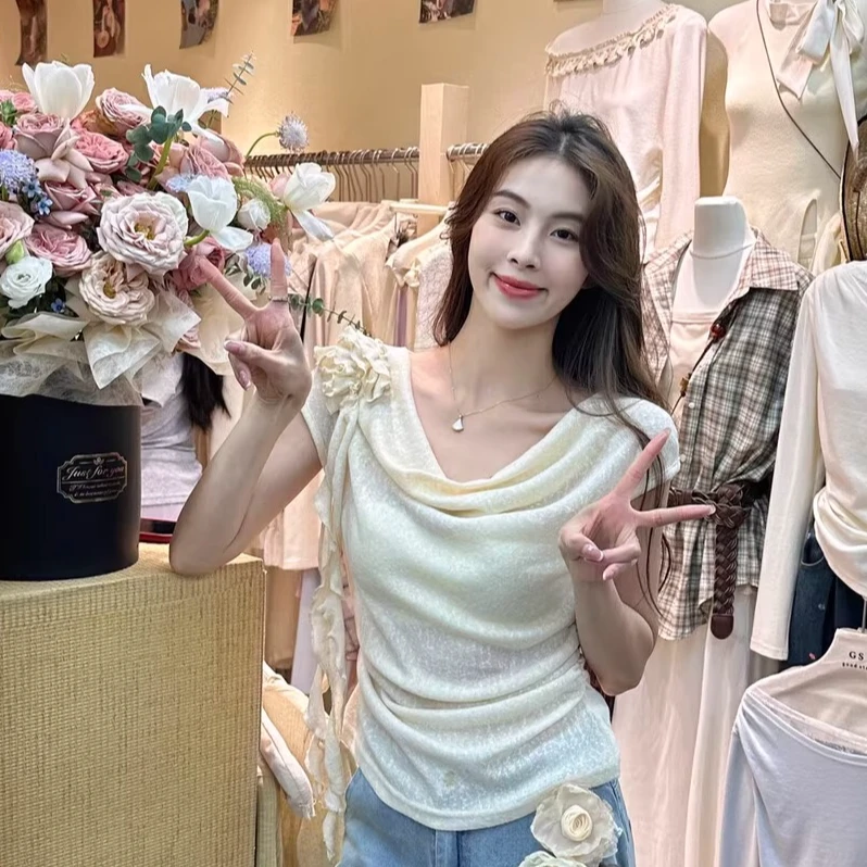 夏季时尚设计感百搭荡领抽褶收腰纯欲风立体花朵短袖T恤女上衣