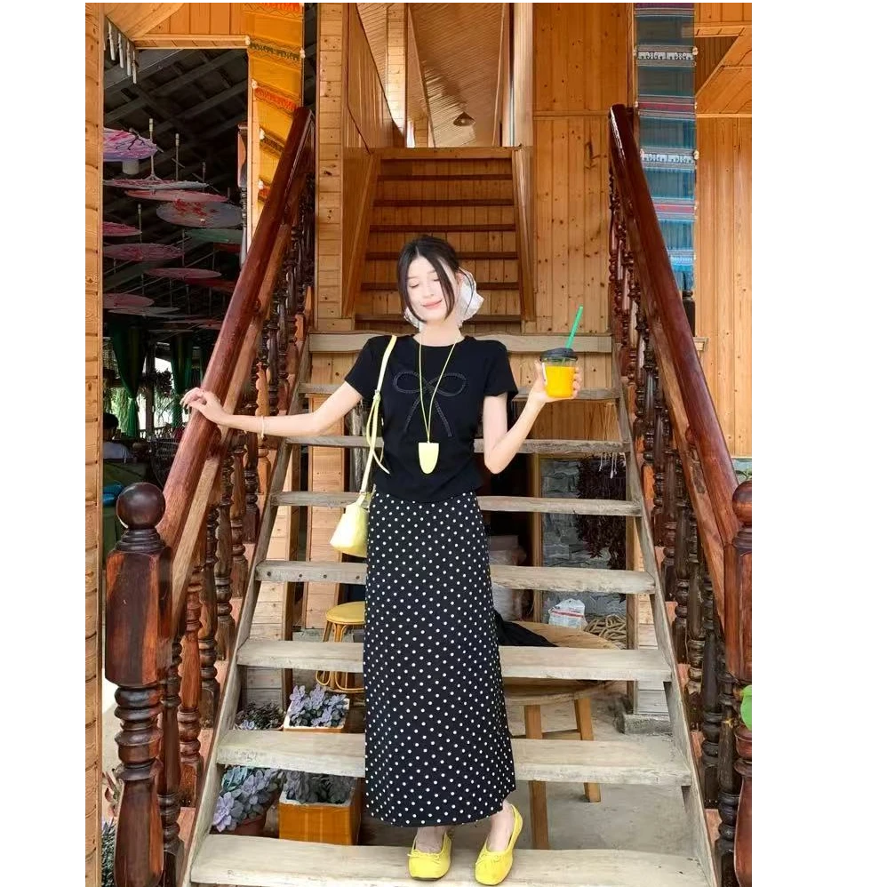 蝴蝶结T恤法式休闲风时尚套装胖mm大码波点夏裙子显瘦轻奢两件套