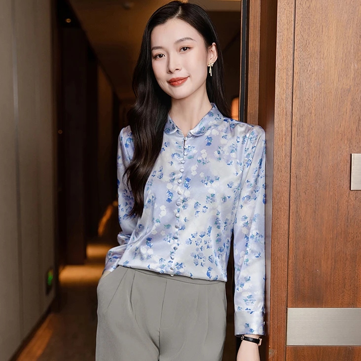 2025年新款真丝碎花衬衫女时尚春夏新款翻领长袖修身气质衬衣百搭
