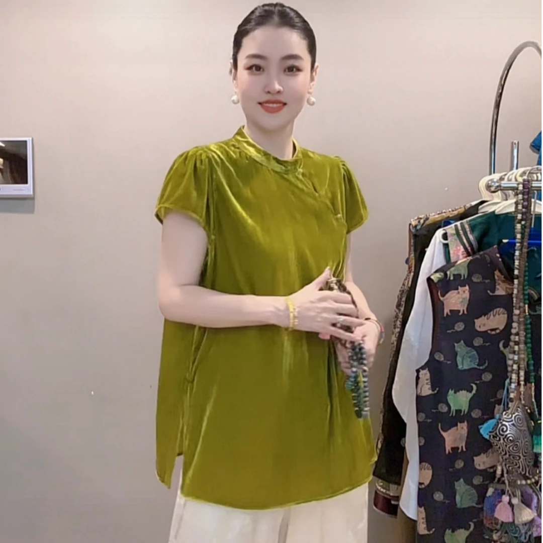 3285｛绿锦丝意｝新中式原创设计时尚显瘦中长款夏日丝绒国风上衣