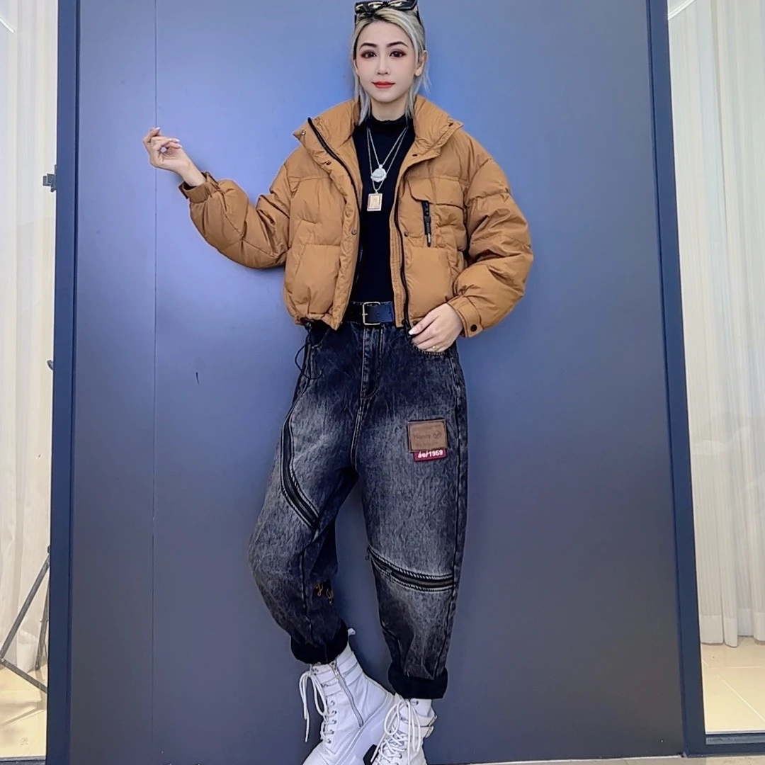 韩版纯色短款保暖羽绒服外套-拉链重工潮流潮牌马甲加绒牛仔裤