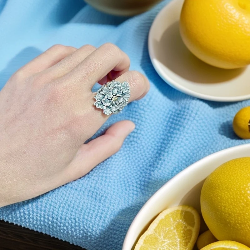 足银戒指 足银990精致牡丹花做旧复古戒子时尚轻奢气质指环百搭