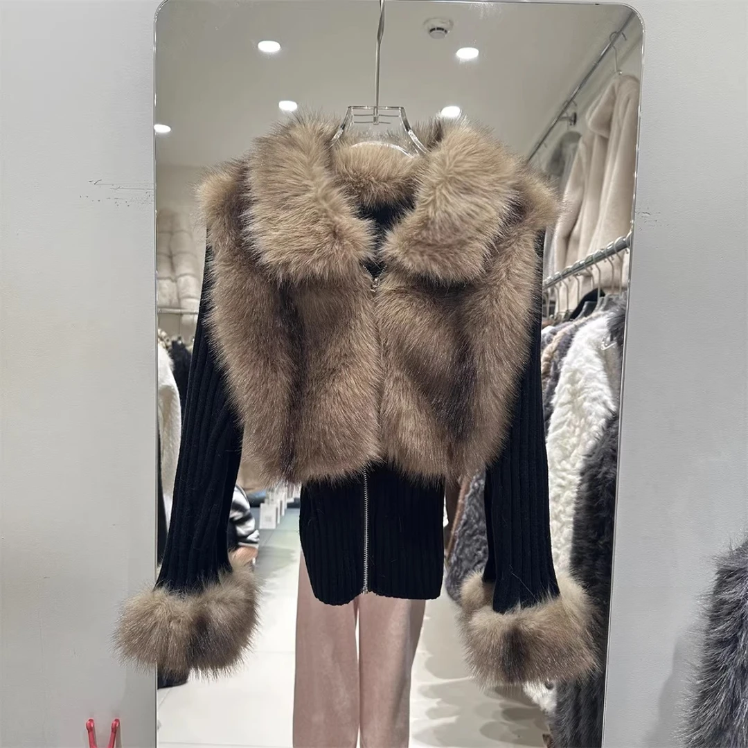 2025秋季新款法式气质翻领假两件针织拼接水貂毛外套短款开衫上衣