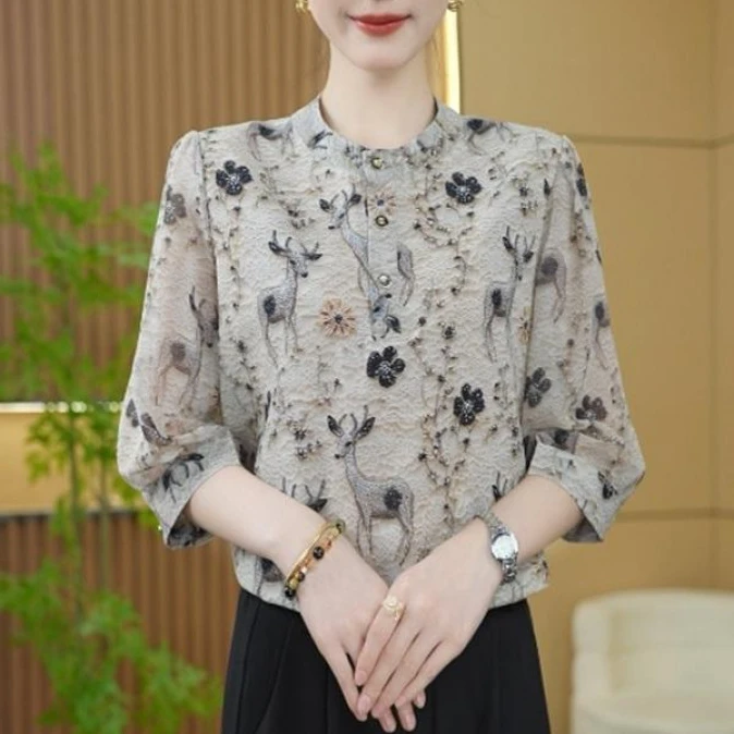 [店铺热销夏季薄款]白鹿百搭休闲新款时尚大码长袖时尚宽松衬衣女