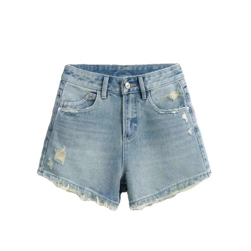 高腰浅蓝牛仔短裤女2025夏季大码韩版破洞阔腿裤显瘦毛边磨破热裤