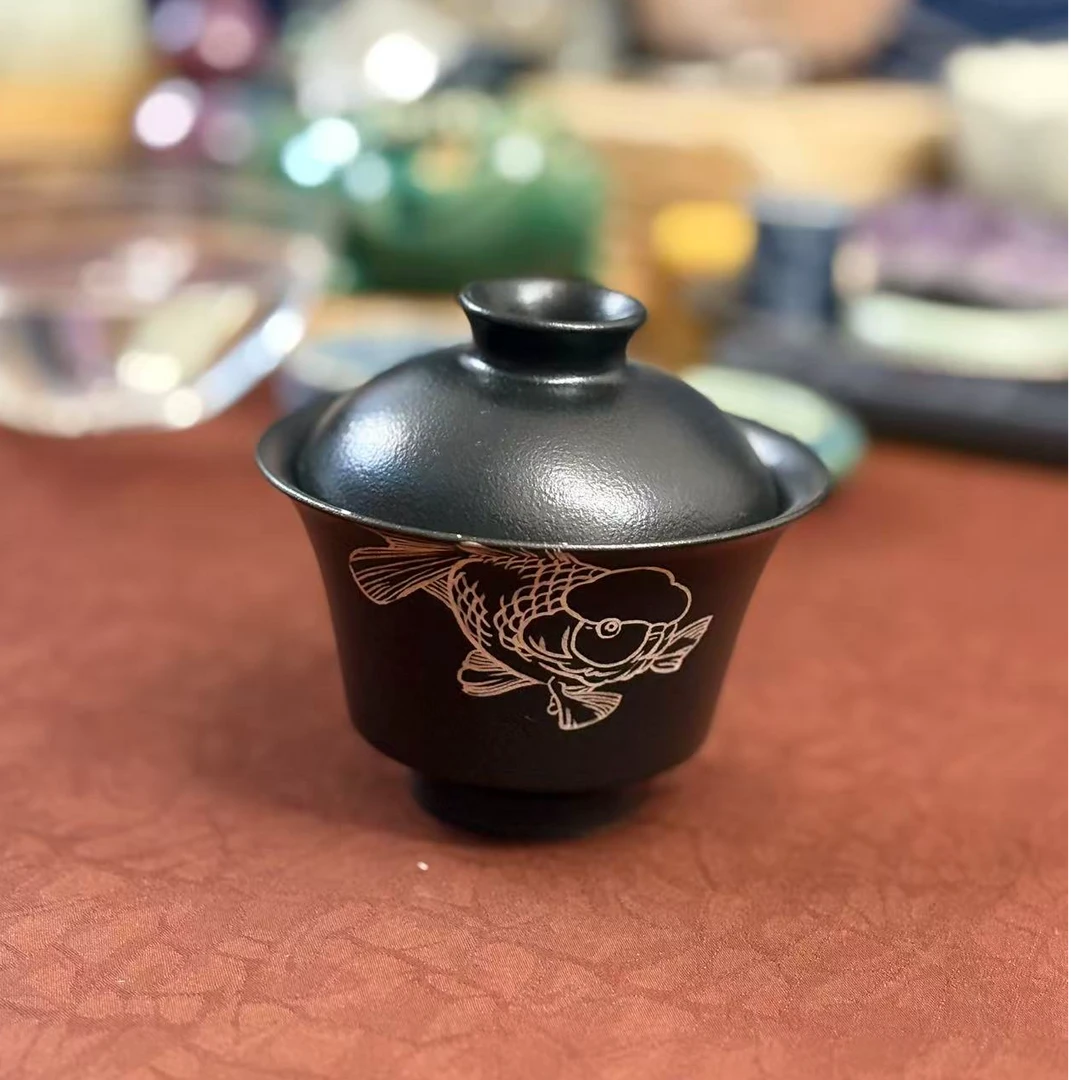【手工手绘银鱼黑色盖碗】