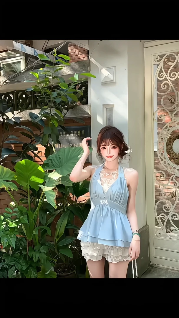 纯欲风辣妹性感设计感蕾丝拼接高级感V领挂脖上衣女+高腰蛋糕裙