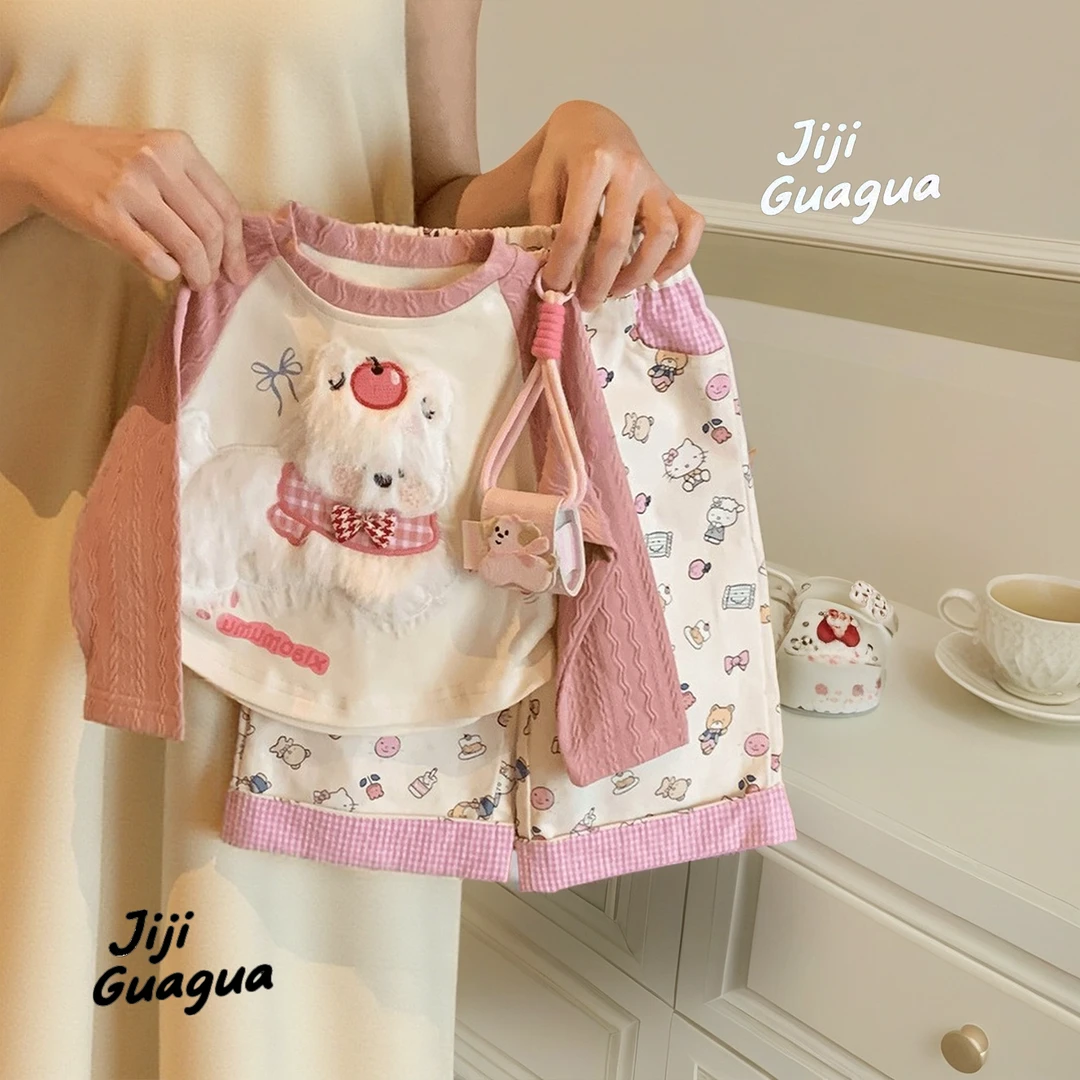 女童春秋季套装女孩撞色卡通小狗洋气长袖上衣宝宝KT猫咪宽松裤子