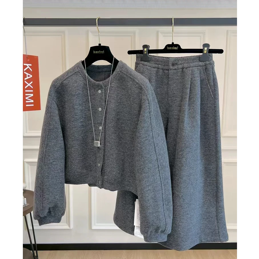 2025冬季时尚休闲3160羊毛加厚夹棉针织呢外套+八分直筒裤两件套