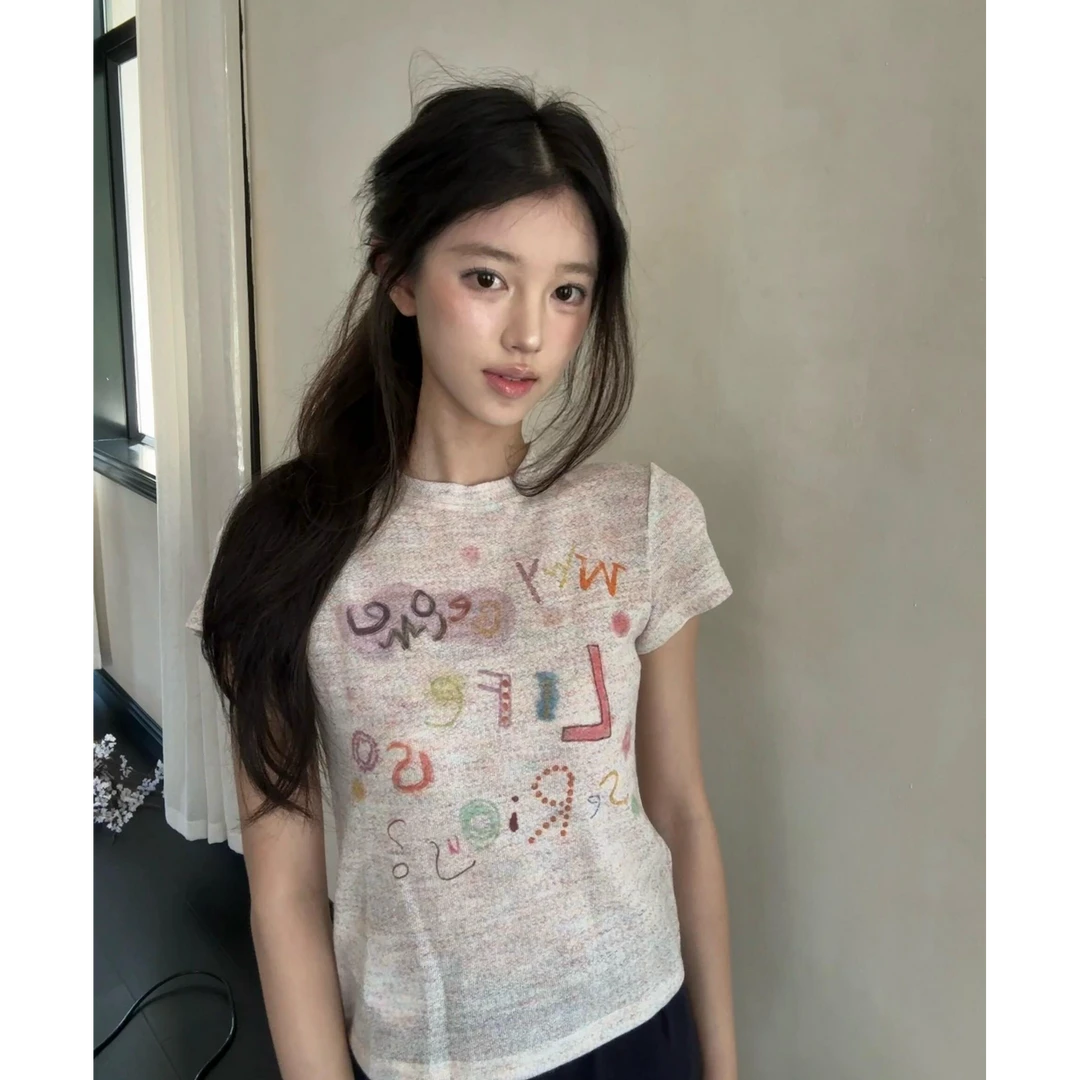 美式彩色字母印花夏季新款正肩短袖t恤女小众设计感百搭短款上衣