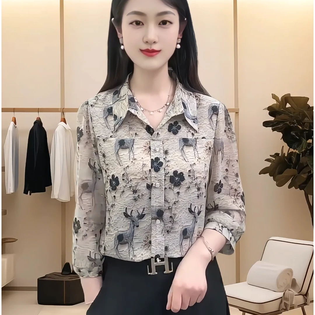 衬衫七分袖夏季清凉爆款透气遮肉显瘦百搭减龄洋气轻奢翻领小鹿