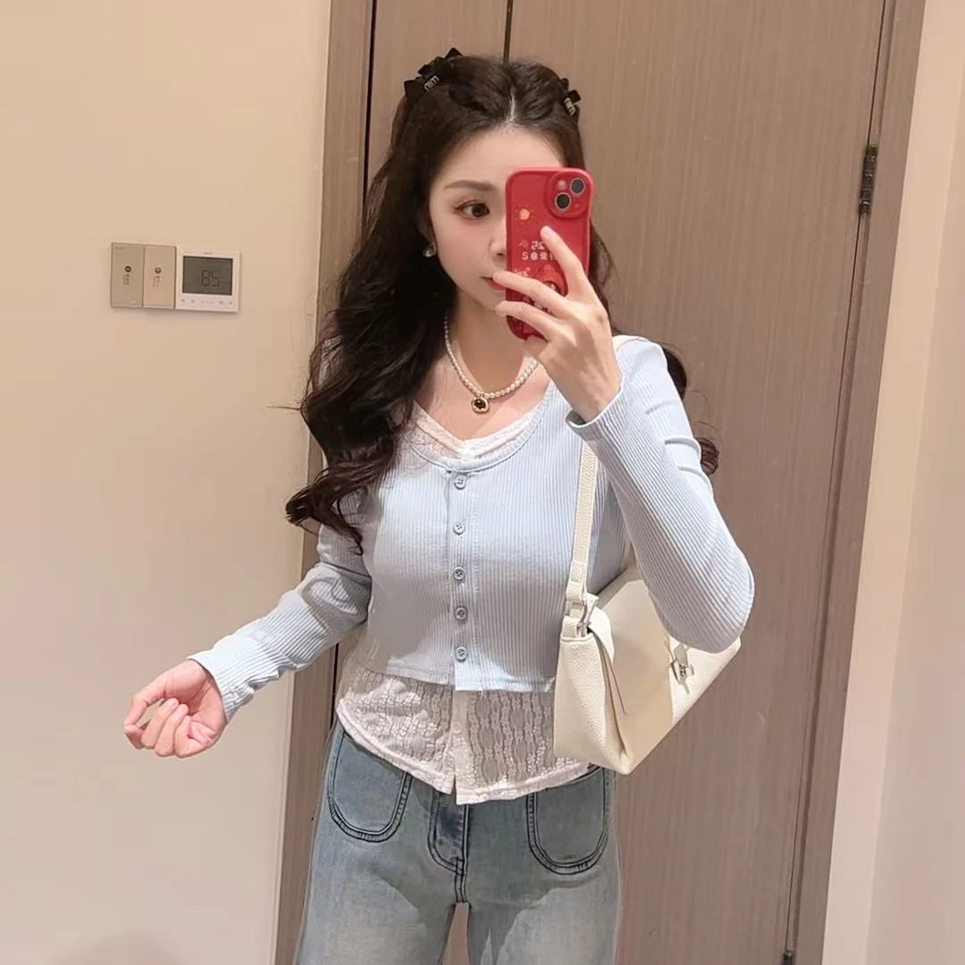 86637-韩系辣妹拼蕾丝假两件上衣
