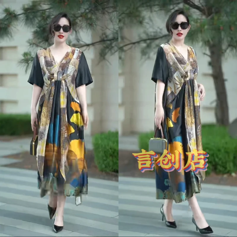 616高品质！高端真丝飘带领不规则长款连衣裙