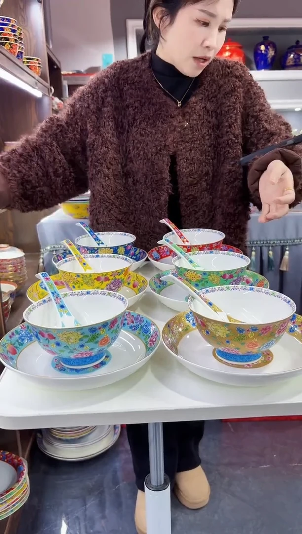 珐琅三件套盘碗勺6套景德镇陶瓷