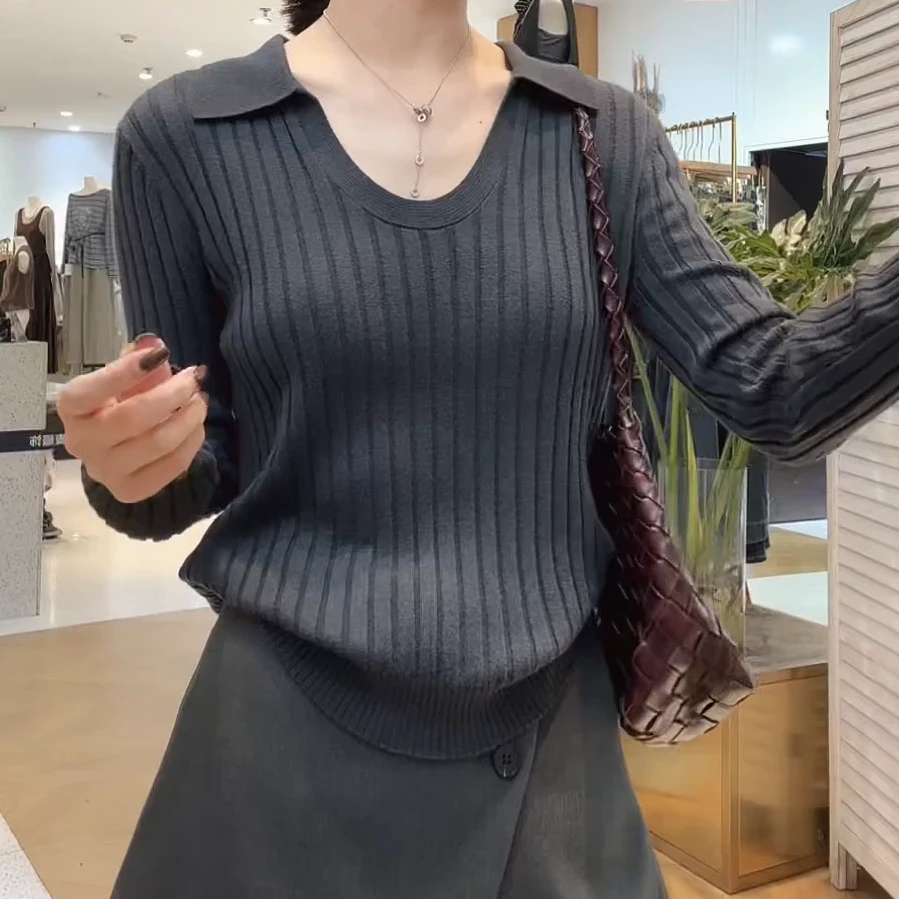 复古高级感时尚纯色2025翻领U领慵懒松弛长袖针织衫女C5949