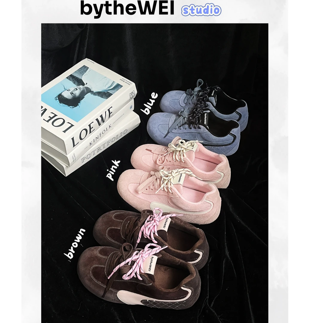 bytheWEI【粉蓝扑扑】真皮芒果头显脚小内增高德训鞋女加绒休闲板鞋