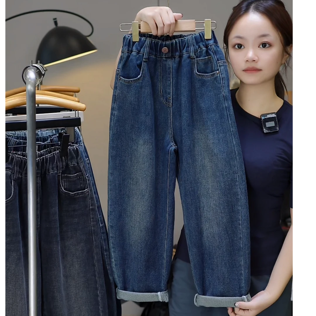 口袋M标秋款软牛仔蓝色男女款韩版简约款中大童牛仔裤