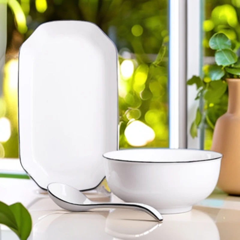 家用陶瓷菜盘长方形鱼盘北欧简约汤碗汤勺鱼盘子微波炉适用方形盘