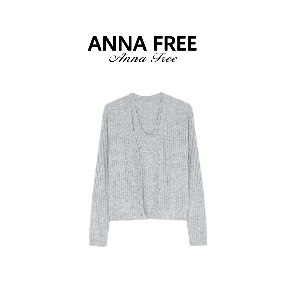 ANNA FREE 真两件长袖针织百搭时尚设计师开衫背心两件套Z8562