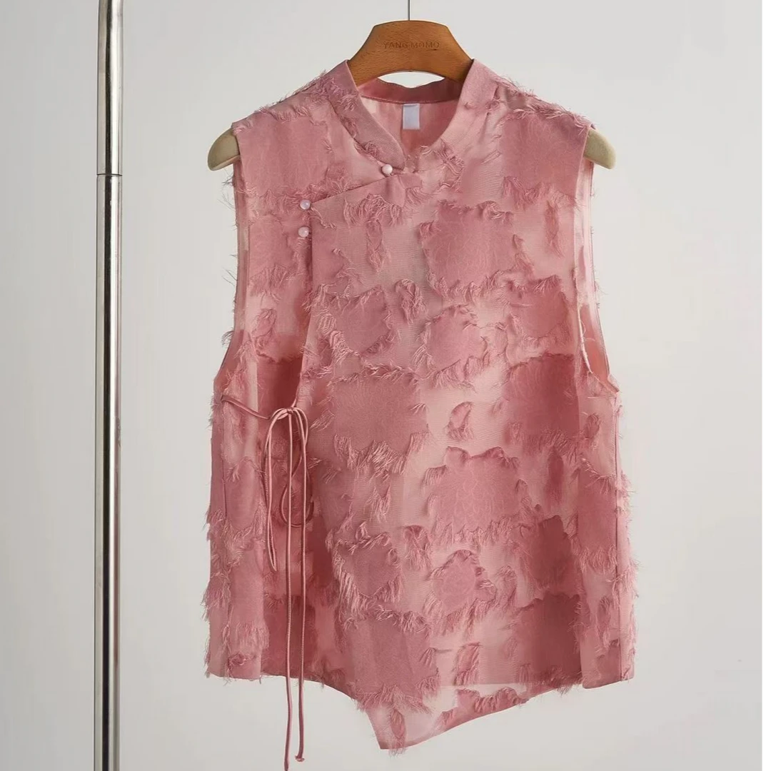 新中式国风粉色超好看拉花马甲背心女款2025新款夏季外穿马夹上衣