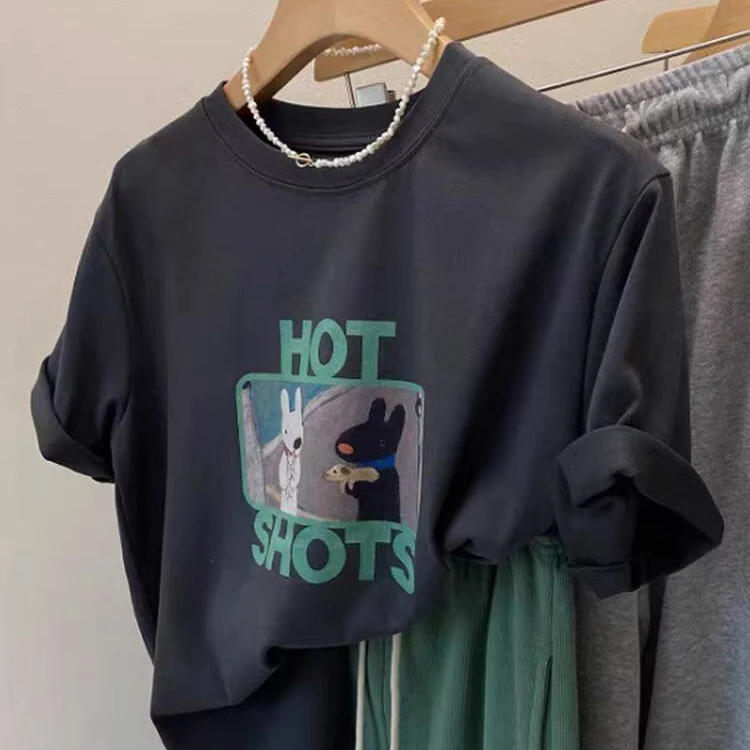 轻熟小众不撞款上衣2025夏季趣味卡通图案字母印花深灰色短袖T恤