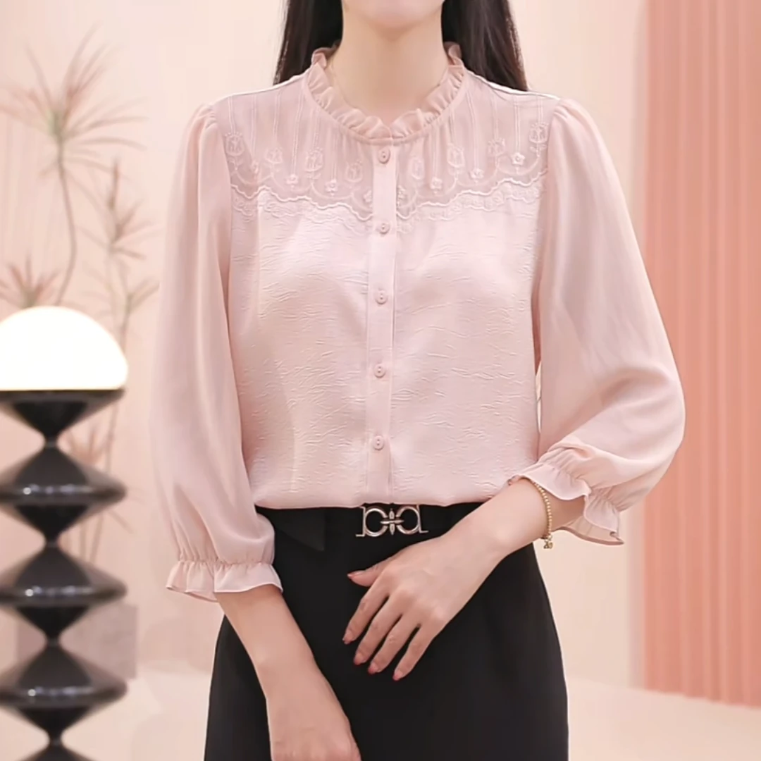 【玫瑰】秋季新款木耳领七分袖减龄百搭温婉洋气显白女士气质上衣