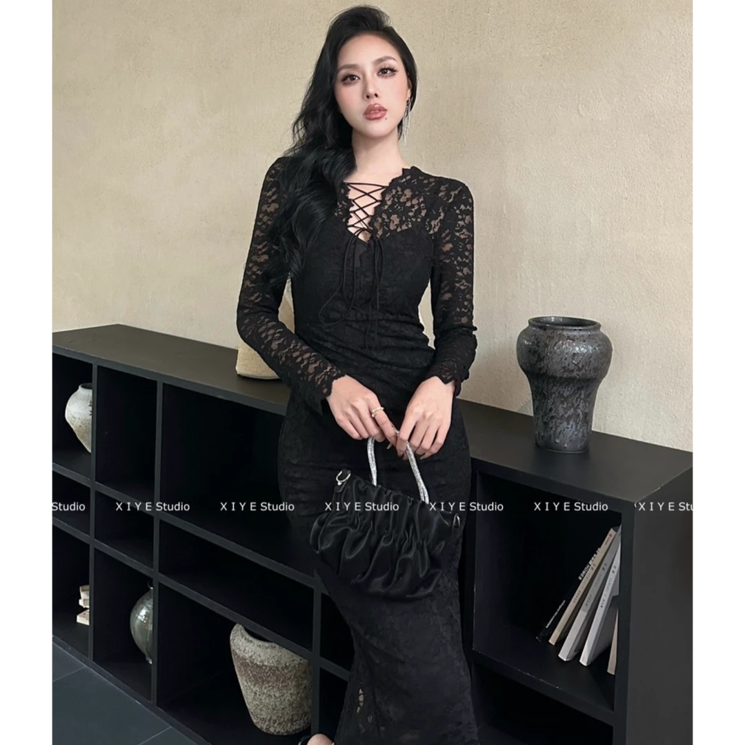 辣妹长款连衣裙修身欧若风软蕾丝性感纯欲风显瘦气质法式时尚轻奢