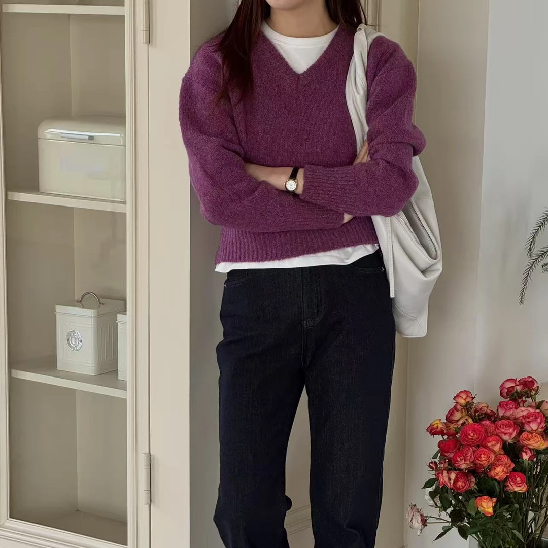 ENLI-葡萄紫全毛v领套头针织