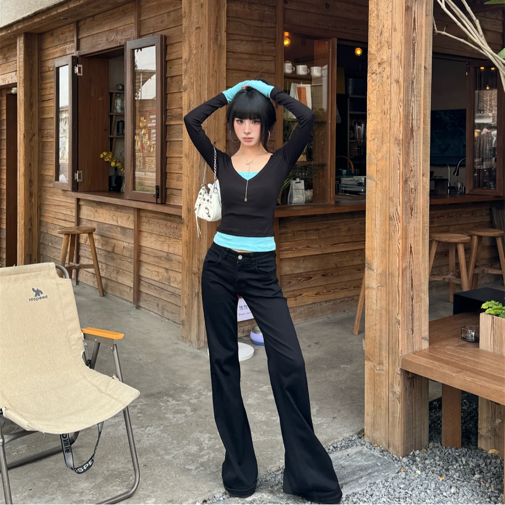 美式辣妹低腰微喇叭裤代嘉儿牛仔裤女修身显瘦阔腿牛仔黑色通勤