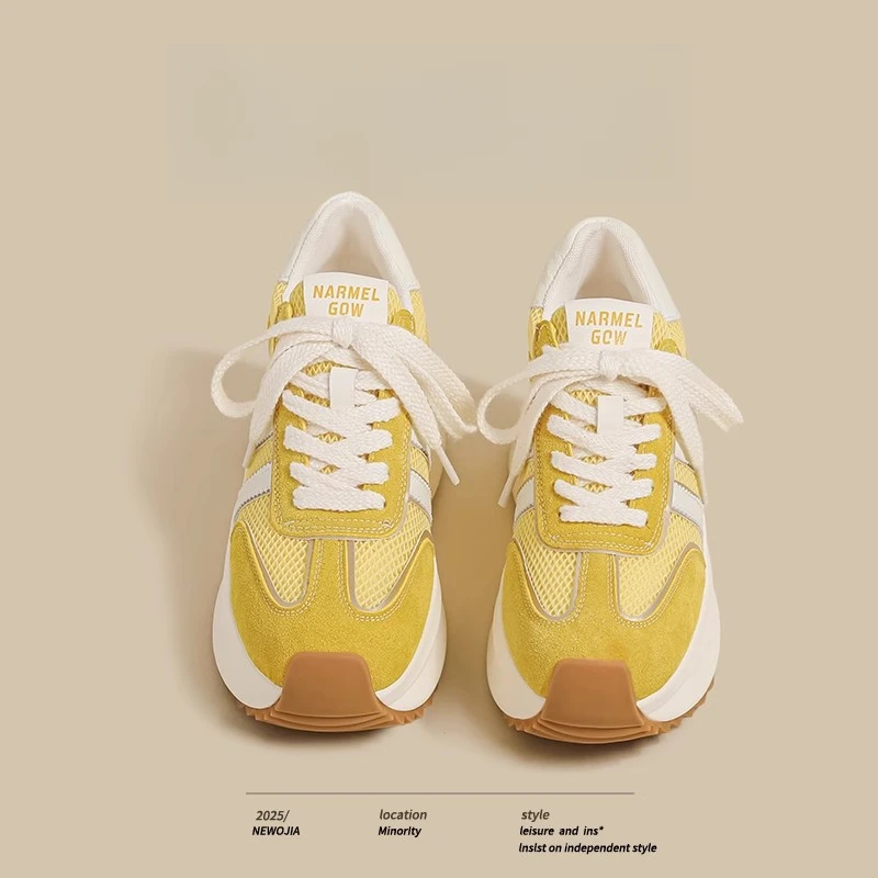 赫莉莲黄色阿甘鞋女2025夏季新款网面薄款透气增高厚底运动老爹鞋