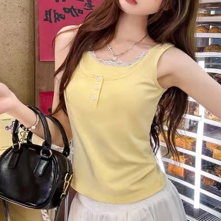 【RRSIFU蓉蓉私服】XS2426蕾丝花边假两件背心修身显瘦纯欲短款上衣