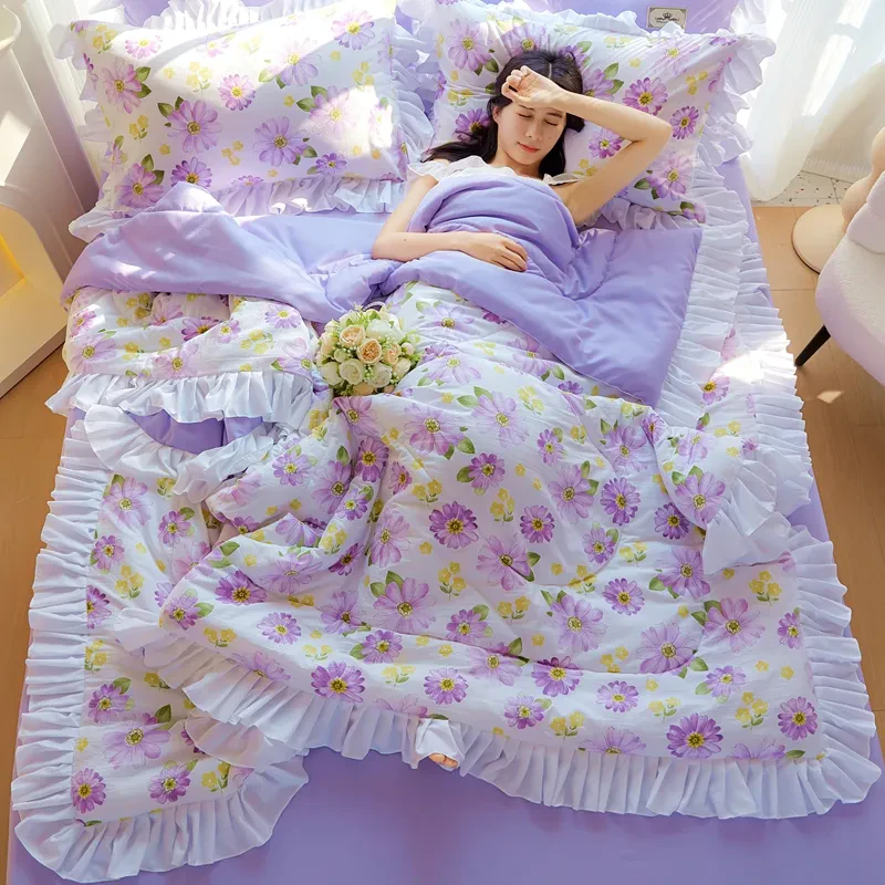 可机洗夏凉被四件套花边水洗夏被三件套空调被单双人宿舍薄被子