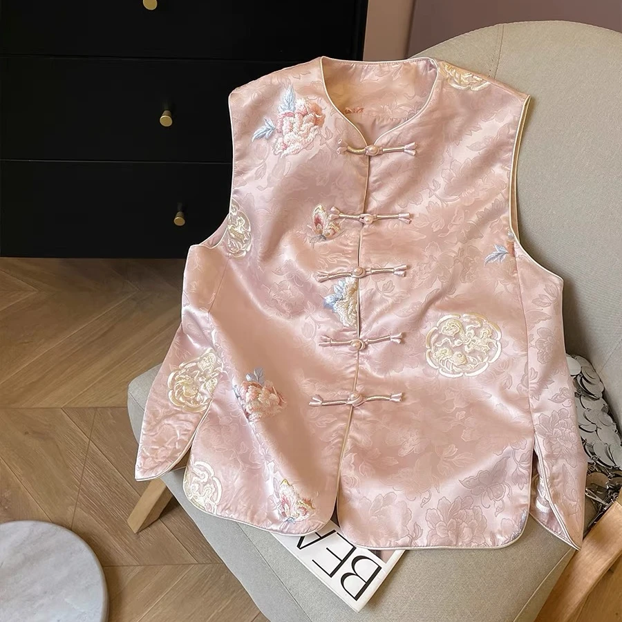 2025春季新款新中式提花刺绣缎面醋酸马甲盘扣无袖坎肩马夹