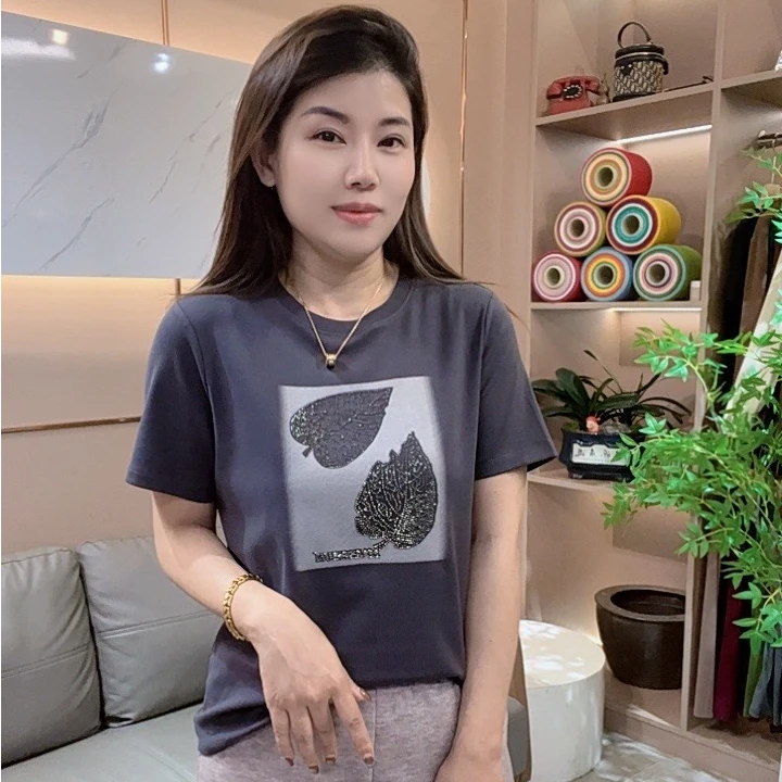 夏季新款洋气时尚印花烫钻树叶 欧若风 宽松圆领短袖t恤256616