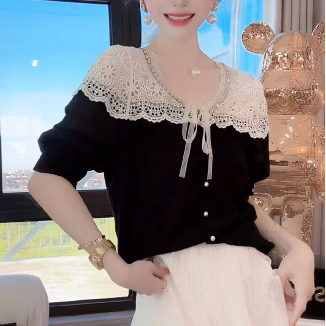 法式轻奢蕾丝拼接针织衫女秋季新款重工镂空设计百搭显瘦上衣3730