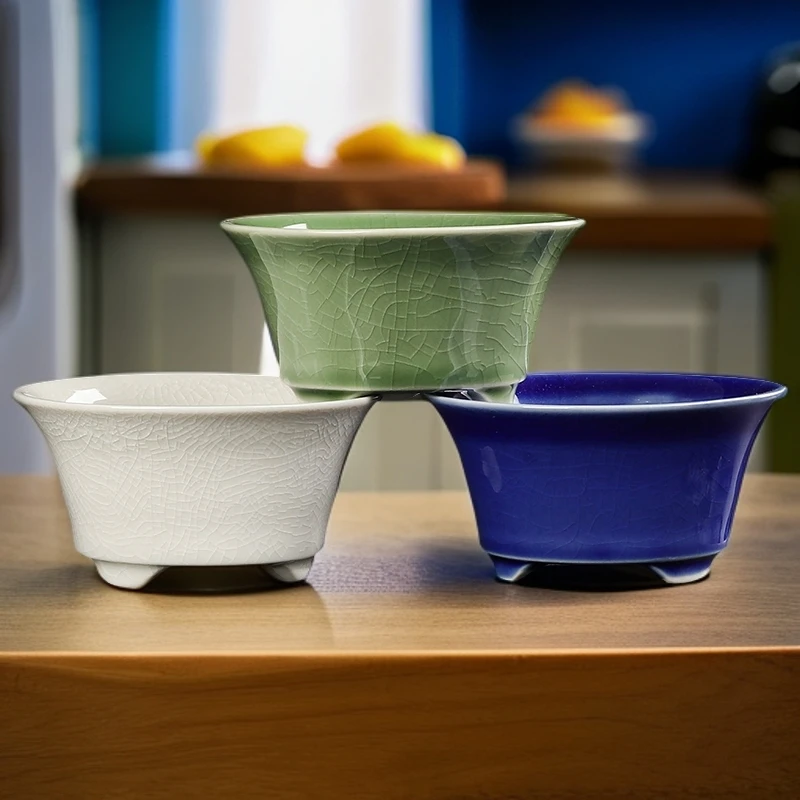 [直播浮力999]9*9*5cm到手三个圆形冰裂斗笠陶瓷精品桌面小花盆