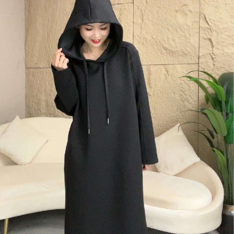 【思伶】欧货高端宽松休闲连帽中长卫衣裙遮肉百搭显瘦连衣裙女